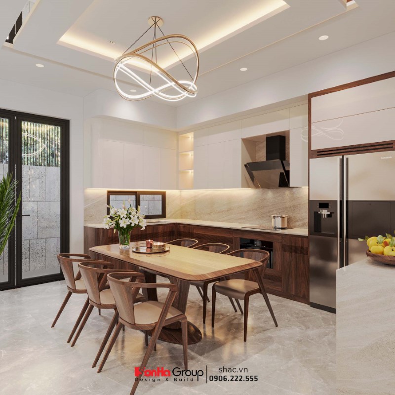 Sơn Hà Group: Công ty thiết kế thi công nội thất biệt thự uy tín với hàng ngàn mẫu thiết kế đẹp, đẳng cấp 3 Phòng bếp hiện đại thoáng sáng với nội thất tông màu trầm