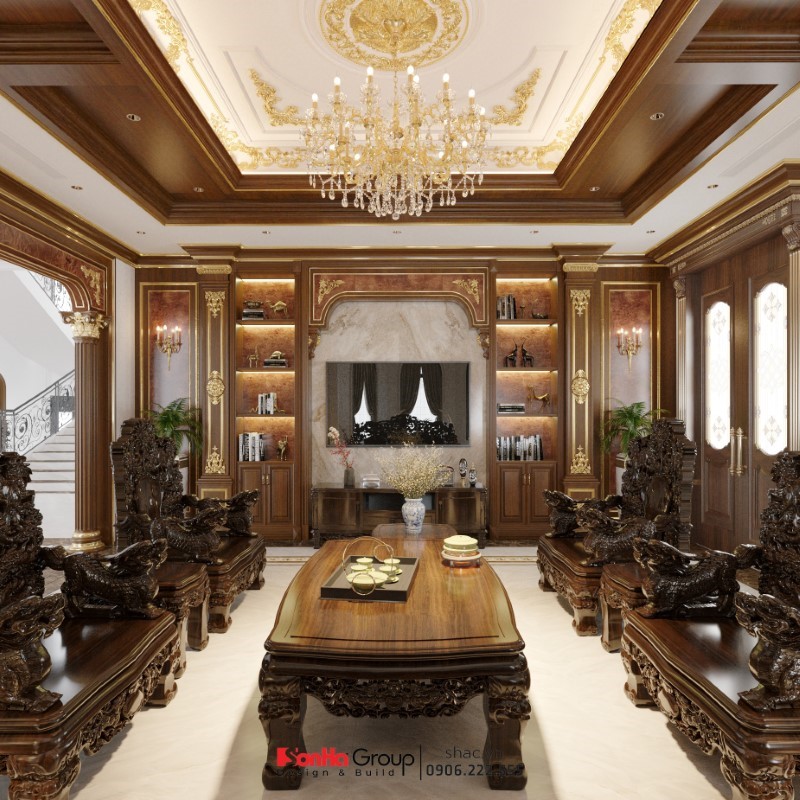 Sơn Hà Group: Công ty thiết kế thi công nội thất biệt thự uy tín với hàng ngàn mẫu thiết kế đẹp, đẳng cấp 15 Phòng khách tân cổ điển sử dụng chất gỗ chủ đạo trong thiết kế