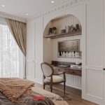 Bàn làm việc với thiết kế lùi vào tường giúp tăng thêm không gian sử dụng cho chủ nhân