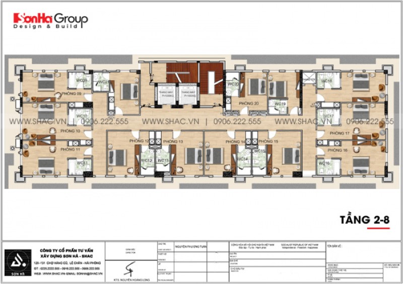 Bản vẽ thiết kế tầng 2 đến tầng 8 của khách sạn tân cổ điển tại Phú Quốc