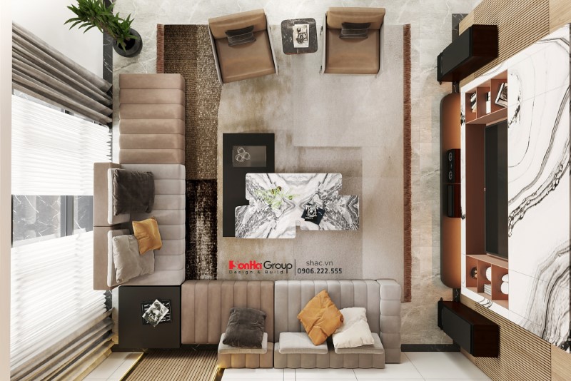 Thiết kế biệt thự hiện đại 500m2: Biến nắng Đông thành điểm sáng đặc biệt 27 Phòng khách nổi bật với sắc cam ấm cúng trên nền màu trung tính