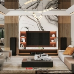 Phòng khách trong biệt thự hiện đại đẹp được thiết kế với các gam màu trung tính chủ đạo