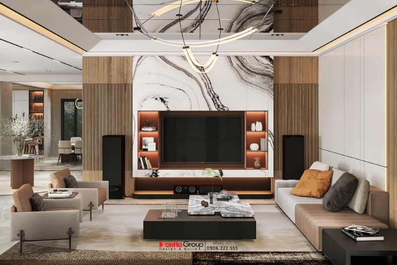 Phòng khách trong biệt thự hiện đại đẹp được thiết kế với các gam màu trung tính chủ đạo