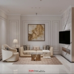 Phòng sinh hoạt chung kết hợp phòng tập yoga được tách biệt bởi vách ngăn ở tầng 2 của ngôi nhà