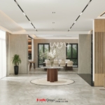 Sảnh chính tầng 1 được thiết kế thoáng sáng với gam màu trắng chủ đạo và nội thất, vật liệu hiện đại, thu hút