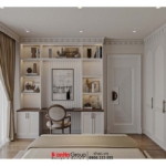 Thiết kế phòng ngủ nhã nhặn, hài hòa với các tông màu trung tính chủ đạo