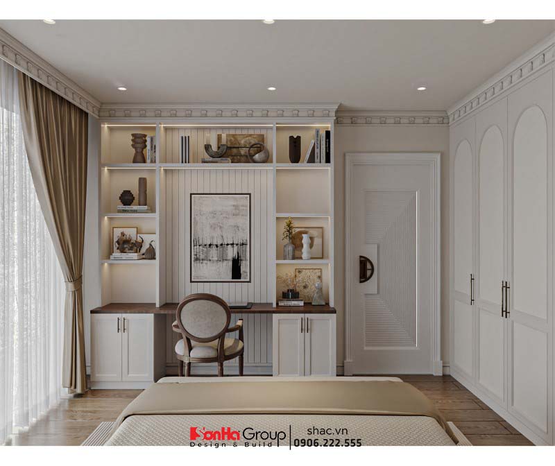 Thiết kế phòng ngủ nhã nhặn, hài hòa với các tông màu trung tính chủ đạo