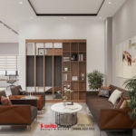 Phòng khách hiện đại nổi bật với gam màu nâu trầm sang trọng