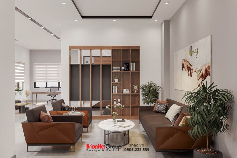 Biệt thự song lập kết hợp văn phòng kinh doanh 90m2 tại Hải Phòng 43 Phòng khách hiện đại nổi bật với gam màu nâu trầm sang trọng