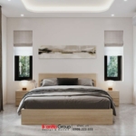 Phòng ngủ thoáng sáng với tông màu trung tính trong biệt thự song lập 3 tầng