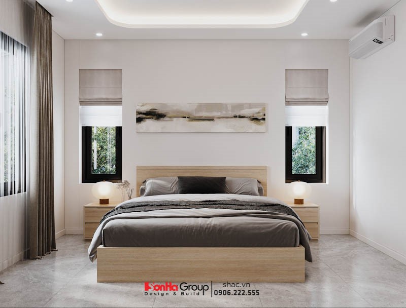 Biệt thự song lập kết hợp văn phòng kinh doanh 90m2 tại Hải Phòng 50 Phòng ngủ thoáng sáng với tông màu trung tính trong biệt thự song lập 3 tầng