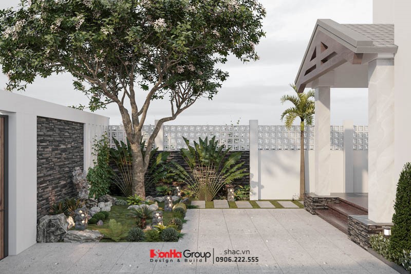 Biệt thự song lập kết hợp văn phòng kinh doanh 90m2 tại Hải Phòng 77 Sân vườn được thiết kế bao quanh nhà, mang đến cho gia đình không gian sống trong lành.