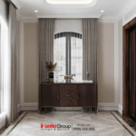 Thiết kế sảnh hành lang thoáng sáng với nội thất gỗ chủ đạo