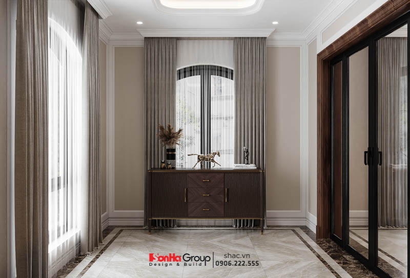 Thiết kế sảnh hành lang thoáng sáng với nội thất gỗ chủ đạo