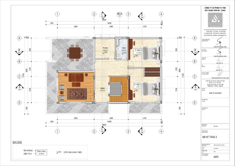 Mặt bằng tầng 3 căn biệt thự 3 tầng hiện đại tại Nghệ An