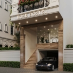 Mặt tiền với gam màu vàng đồng tạo nên sự ấm áp cho nhà nghỉ ngay từ bên ngoài