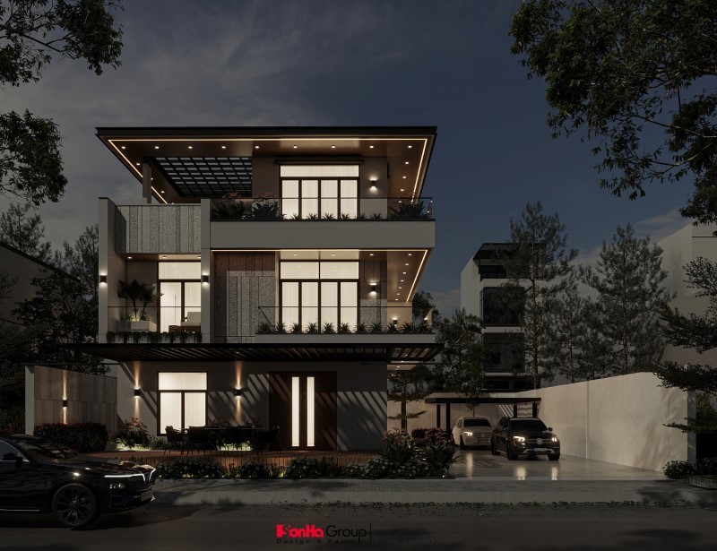 Phối cảnh ban đêm của biệt thự 3 tầng hiện đại tại Nghệ An