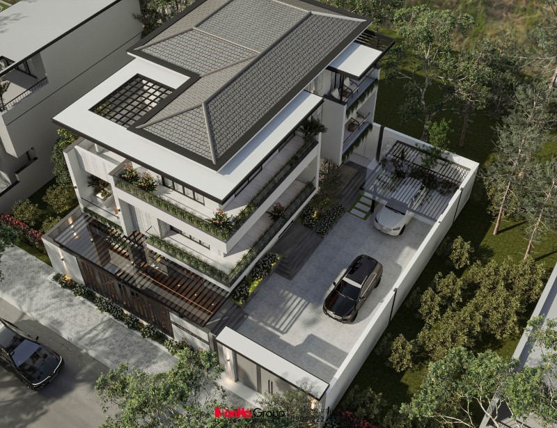 Phối cảnh từ trên cao của biệt thự 3 tầng hiện địa tại Nghệ An