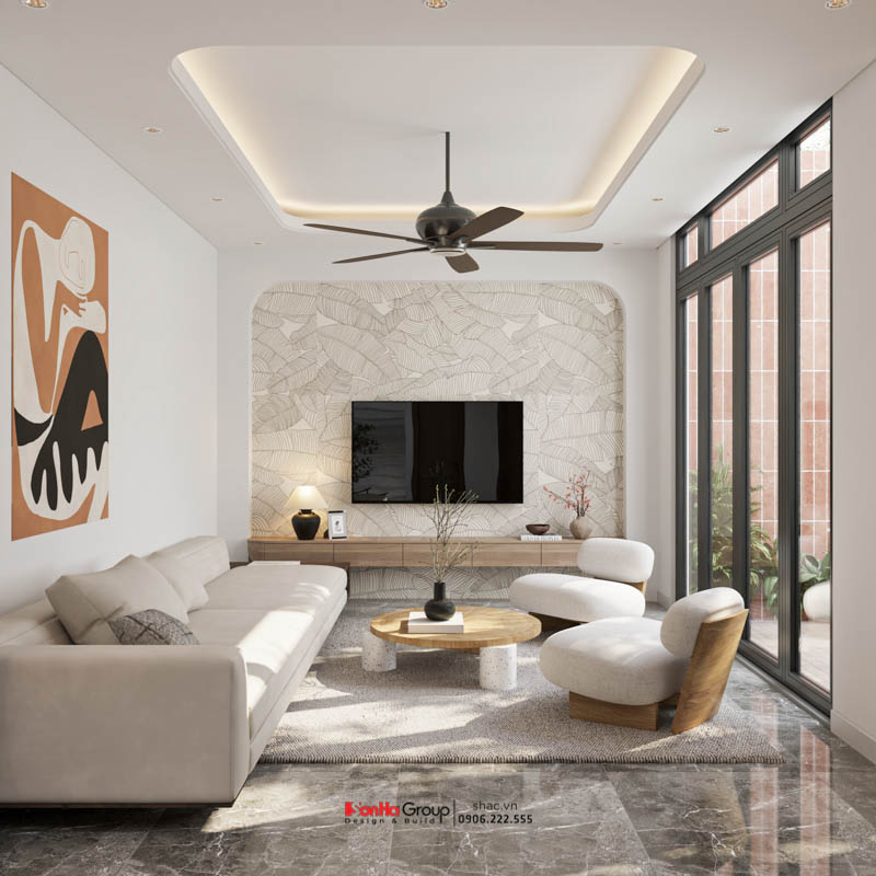 Giải pháp xây nhà ống 2 tầng 1 tum phong cách hiện đại trong ngõ nhỏ - Sơn Hà Group bậc thầy tối ưu không gian 63 Phòng khách với hệ cửa nhôm kính xingfa lấy sáng hiệu quả