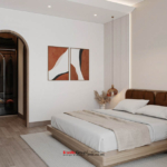 Phòng ngủ tầng 2 với hệ cửa gỗ tạo vòm bo tròn cách điệu