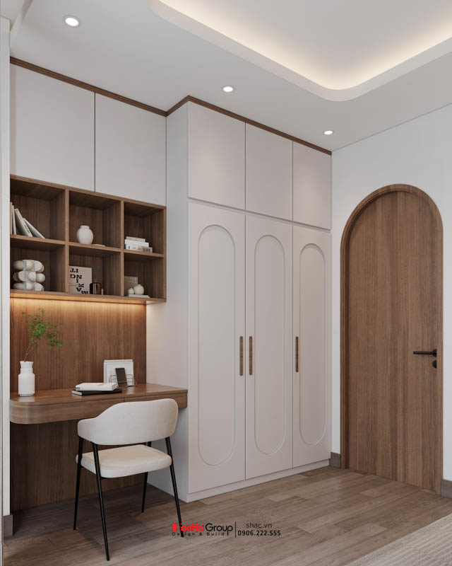 Giải pháp xây nhà ống 2 tầng 1 tum phong cách hiện đại trong ngõ nhỏ - Sơn Hà Group bậc thầy tối ưu không gian 163 Tủ quần áo gỗ công nghiệp sơn cánh trắng kết hợp với giá sách và bàn học phủ laminate vừa tăng tính thẩm mỹ cho căn phòng lại tiết kiệm không gian