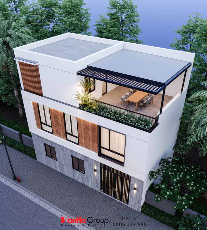 Giải pháp xây nhà ống 2 tầng 1 tum phong cách hiện đại trong ngõ nhỏ - Sơn Hà Group bậc thầy tối ưu không gian 77 Sân thượng được bài trí với bộ bàn lớn và cây xanh, tạo ra một góc sống động cho những buổi tối sum vầy