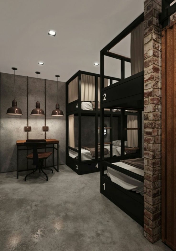 Giường tầng trong phòng dorm khách sạn 2 sao phong cách công nghiệp