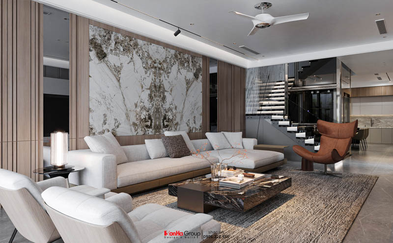 Phòng khách ấn tượng với sự kết hợp hài hòa của chất liệu cao cấp