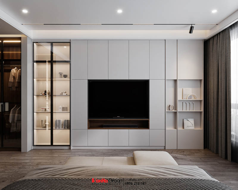 Hệ tủ gỗ kết hợp tủ kính LED trong phòng ngủ master