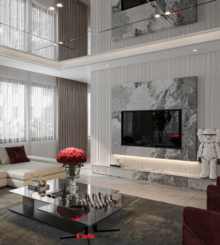 Thiết kế tòa nhà văn phòng kết hợp nhà ở – Sự kết hợp hoàn hảo giữa công năng và thẩm mỹ 110 Phòng khách trên tầng 3 với thiết kế trần gương