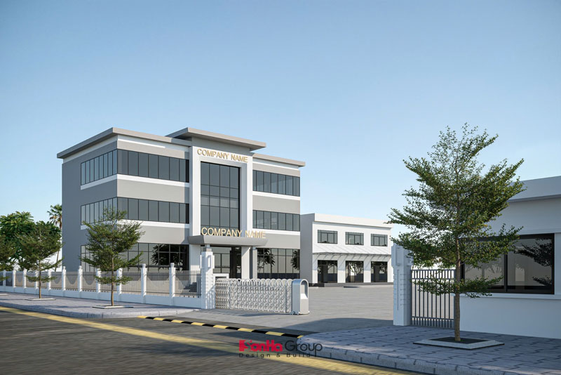 Thiết kế tòa nhà văn phòng kết hợp nhà ở – Sự kết hợp hoàn hảo giữa công năng và thẩm mỹ 103 Phối cảnh bên ngoài toà nhà văn phòng công ty tại khu công nghiệp