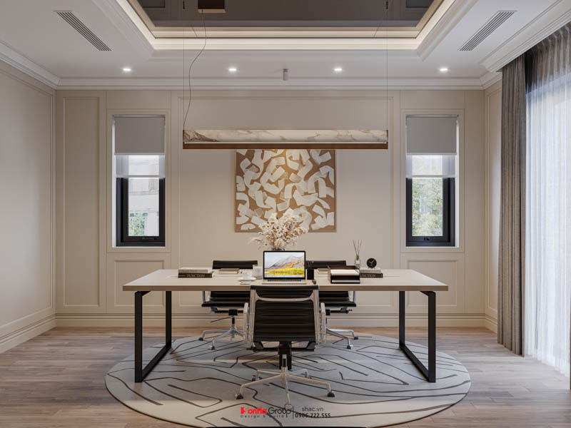 Thiết kế biệt thự Tân Cổ Điển 4 tầng - Kiệt tác kiến trúc đầy mê hoặc giữa lòng thành phố Cảng 174 Bàn làm việc kích thước lớn với kiểu dáng tối giản đặt tại trung tâm