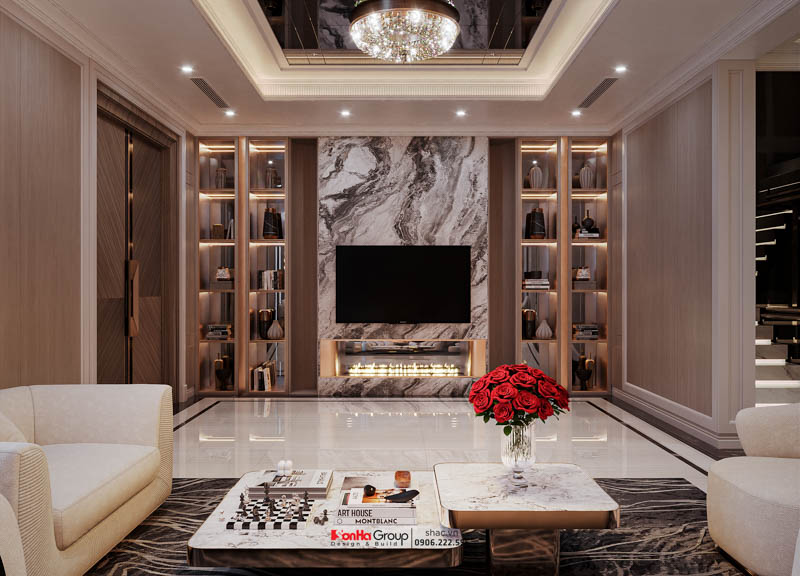 Thiết kế biệt thự Tân Cổ Điển 4 tầng - Kiệt tác kiến trúc đầy mê hoặc giữa lòng thành phố Cảng 158 Thiết kế biệt thự Tân Cổ Điển 4 tầng - Phòng khách nội thất luxury