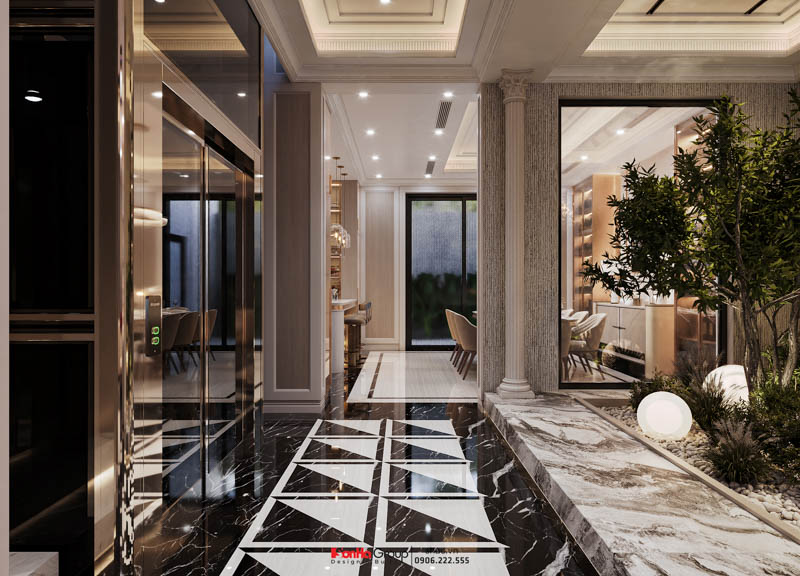 Thiết kế biệt thự Tân Cổ Điển 4 tầng - Kiệt tác kiến trúc đầy mê hoặc giữa lòng thành phố Cảng 156 Khu vực sảnh chính là sự giao thoa hoàn mỹ giữa nét cổ điển sang trọng và hơi thở hiện đại