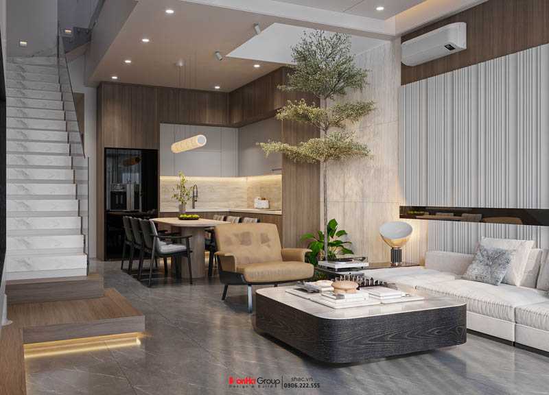 Mẫu nhà ống 3 tầng mặt tiền 5m tại Hải Phòng: Tổ ấm xanh giữa lòng đô thị 85 Thiết kế phòng khách bếp lối liền giúp tăng chiều sâu và tính liền mạch cho ngôi nhà