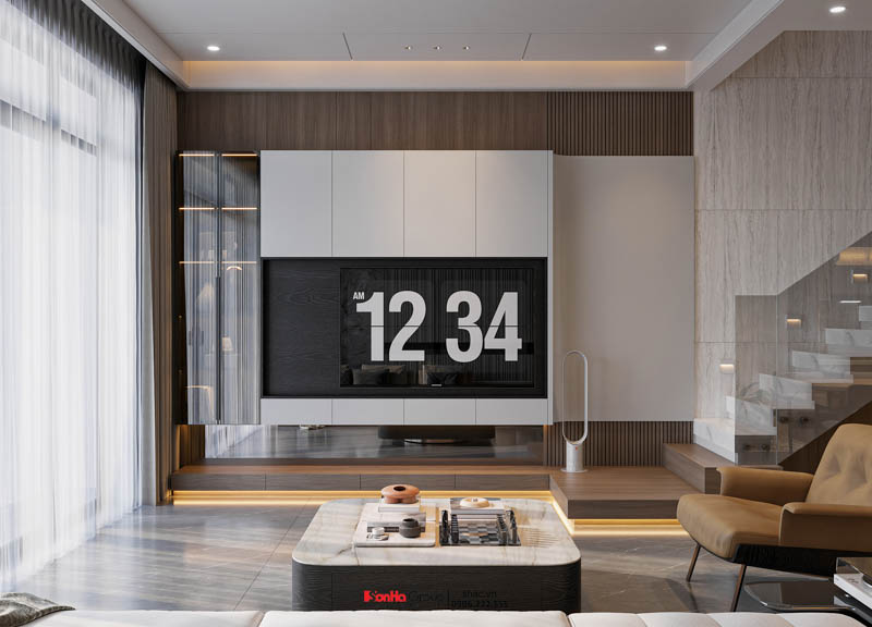 Mẫu nhà ống 3 tầng mặt tiền 5m tại Hải Phòng: Tổ ấm xanh giữa lòng đô thị 86 Thiết kế phòng khách hiện đại sử dụng gỗ công nghiệp giúp tiết kiệm chi phí nhưng vẫn toát lên vẻ đẹp say đắm