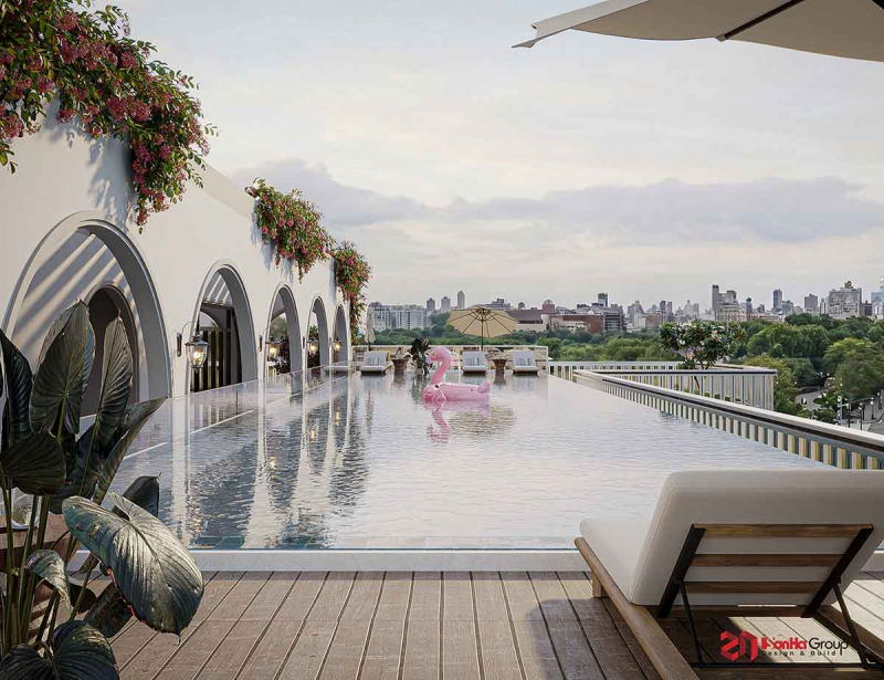 Thiết kế khách sạn Labala Hotel: Biểu tượng kiến trúc Địa Trung Hải kết hợp Tân Cổ Điển tại Ninh Bình 62 Tầng tum nổi bật như một khu nghỉ dưỡng mini trên cao, tựa hòn đảo xanh thu nhỏ giữa đỉnh tòa nhà cao tầng.