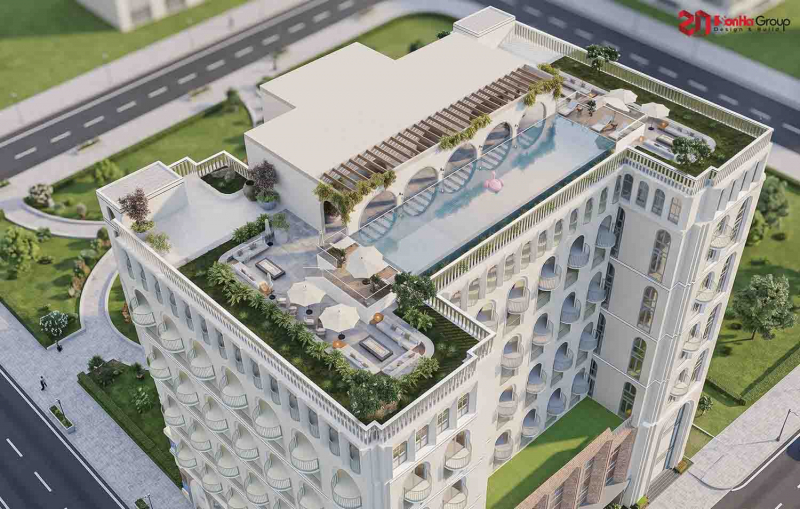 Thiết kế khách sạn Labala Hotel: Biểu tượng kiến trúc Địa Trung Hải kết hợp Tân Cổ Điển tại Ninh Bình 60 Sơn Hà Group tư vấn thiết kế khách sạn chuyên nghiệp có hồ bơi tầng thượng