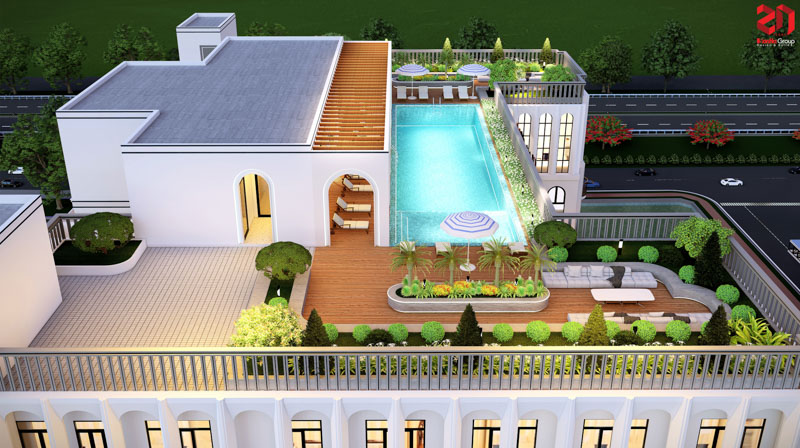 Thiết kế khách sạn Labala Hotel: Biểu tượng kiến trúc Địa Trung Hải kết hợp Tân Cổ Điển tại Hà Nam 42 Sơn Hà Group tư vấn thiết kế khách sạn chuyên nghiệp có hồ bơi tầng thượng