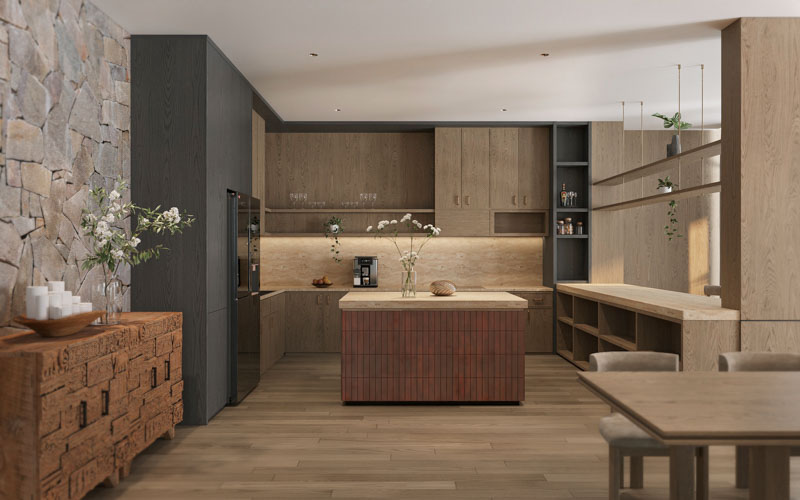 Bungalow Hòn Rồng - Nghệ Thuật Thiết Kế Nội Thất Biệt Thự Nghỉ Dưỡng Giữa Lòng Vân Đồn 10 Hệ tủ bếp gỗ laminate vân gỗ tự nhiên, bàn đảo lớn được thiết kế như trung tâm của sự kết nối.