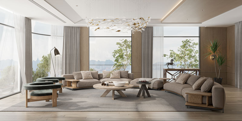 Bungalow Hòn Rồng - Nghệ Thuật Thiết Kế Nội Thất Biệt Thự Nghỉ Dưỡng Giữa Lòng Vân Đồn 6 Thiết kế nội thất biệt thự tại Công viên du lịch Hòn Rồng - Phòng khách