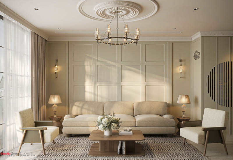 Thiết kế nội thất Vinhomes Vũ Yên Hải Phòng - Chạm cảm xúc sang trọng trong từng chi tiết 6 Thiết kế nội thất Vinhomes Vũ Yên Hải Phòng với vách sofa bằng gỗ được sơn phủ tone olive quyến rũ