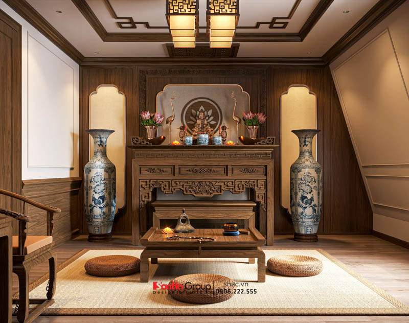Giải pháp thiết kế và thi công nội thất biệt thự 4 tầng 1 tum hiện đại 155 Thiết kế phòng thờ với gỗ tự nhiên ấm áp và thanh tịnh