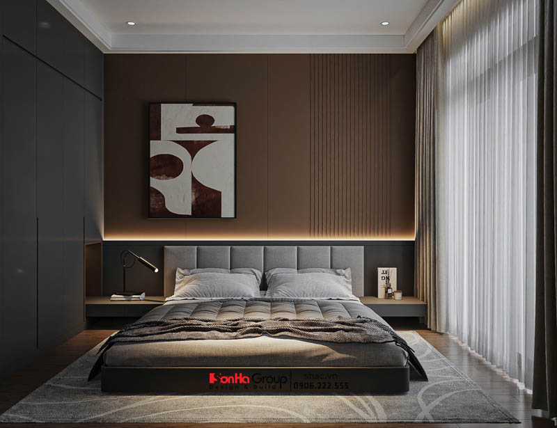 Giải pháp thiết kế và thi công nội thất biệt thự 4 tầng 1 tum hiện đại 148 Vách đầu giường tone nâu gắn LED nổi bật