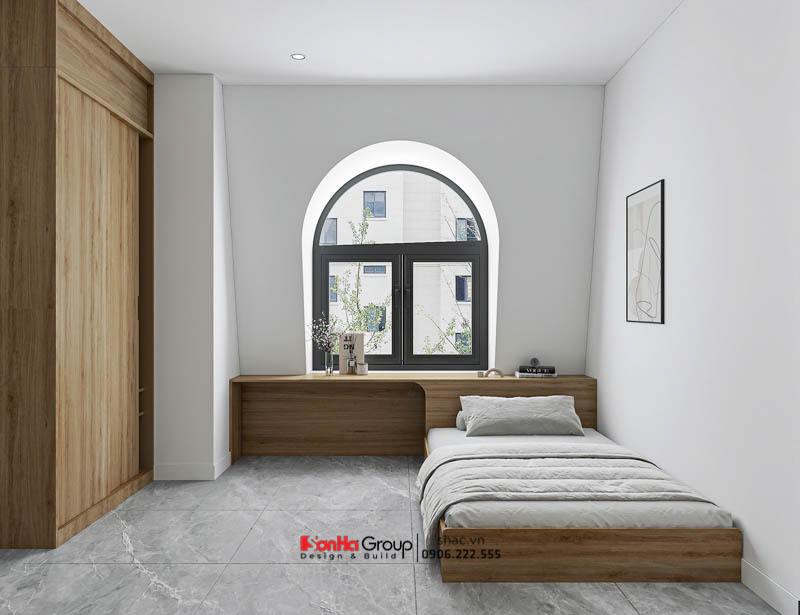 Giải pháp thiết kế và thi công nội thất biệt thự 4 tầng 1 tum hiện đại 153 Phòng ngủ khách với nội thất tối giản nhưng vẫn đảm bảo nhu cầu sử dụng