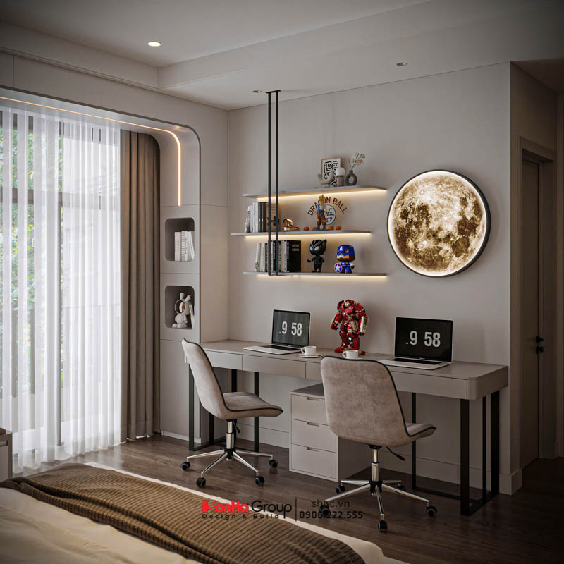 Giải pháp thiết kế và thi công nội thất biệt thự 4 tầng 1 tum hiện đại 144 Bàn học cạnh cửa sổ lớn tận dụng ánh sáng tự nhiên