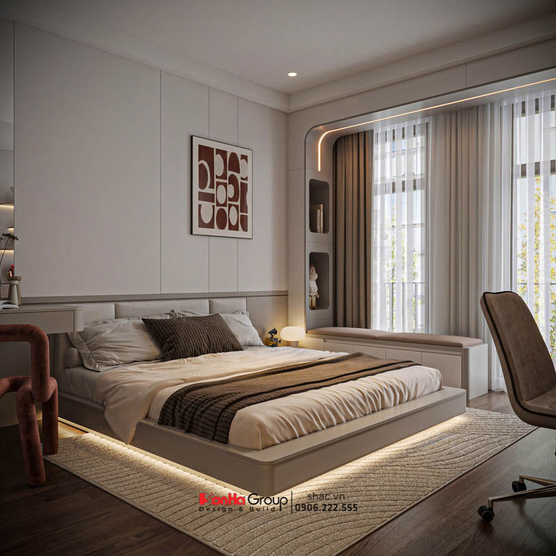 Giải pháp thiết kế và thi công nội thất biệt thự 4 tầng 1 tum hiện đại 145 Giường ngủ gắn LED tạo điểm nhấn