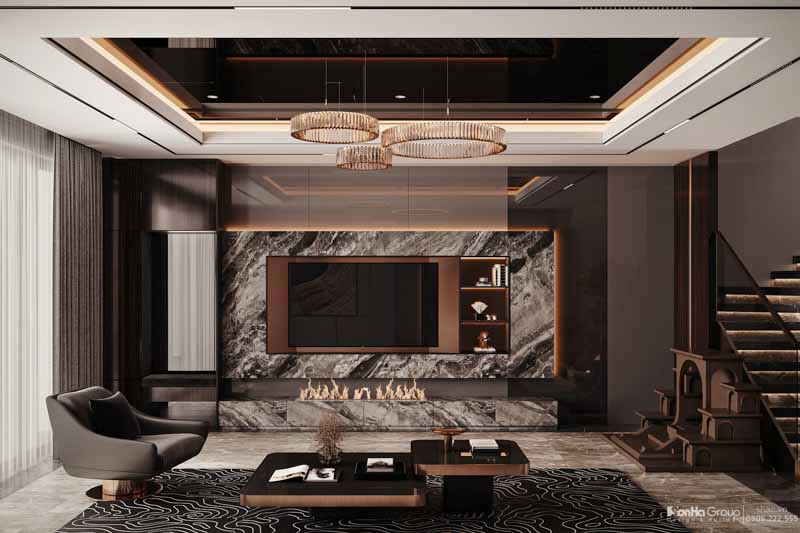 Giải pháp thiết kế và thi công nội thất biệt thự 4 tầng 1 tum hiện đại 136 Phòng khách hiện đại phong cách sang trọng tại Làng Viết Kiều Hải Phòng