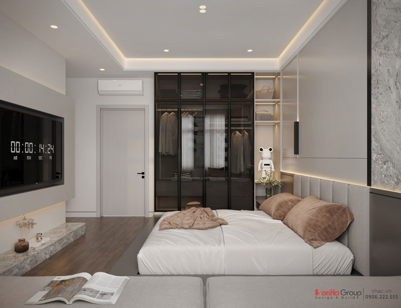 Giải pháp thiết kế và thi công nội thất biệt thự 4 tầng 1 tum hiện đại 139 Phòng ngủ Master thiết kế với nội thất và tone màu thanh lịch