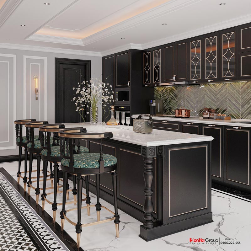 Thiết kế nhà ống Indochine 6 tầng - Kiến tạo không gian sống sang trọng và tinh tế giữa lòng Hà Nội 157 Tủ bếp chữ L bằng gỗ tự nhiên sơn phủ chống ẩm